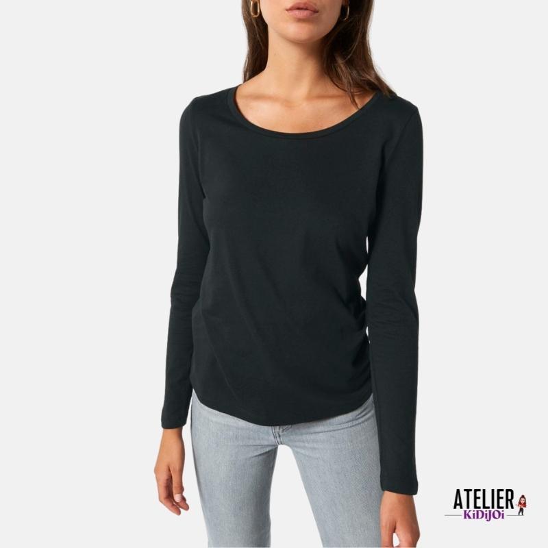 T-shirt Femme 100% Coton Bio noir manches longues à personnaliser coupe ajustée - KidiCrea TEXTILE
